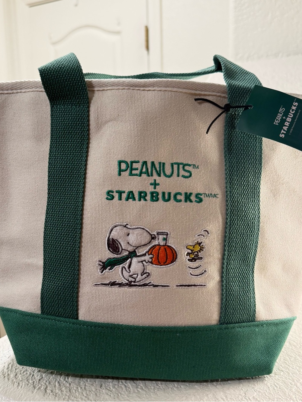 Starbucks Peanuts Canvas Tote in Green & Cream with Snoopy Embroidery